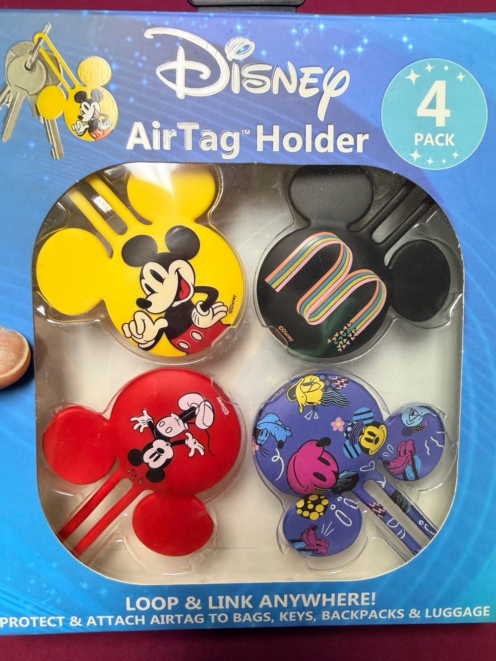 Disney Mickey Mouse AirTag Holder 4-Pack - Yellow, Black, Red, Purple Pattern